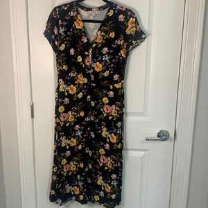 Button up tie waist navy blue midi dress